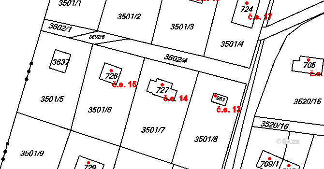 Ledce 14, Nespeky na parcele st. 727 v KÚ Nespeky, Katastrální mapa