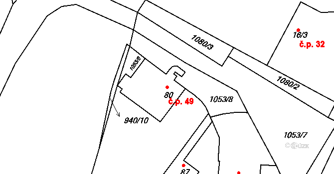 Menhartice 49 na parcele st. 80 v KÚ Menhartice, Katastrální mapa