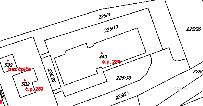 Trstěnice 238 na parcele st. 443 v KÚ Trstěnice u Litomyšle, Katastrální mapa
