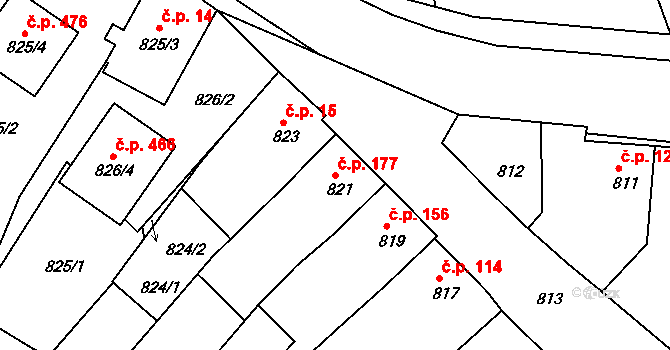 Měšice 177, Tábor na parcele st. 821 v KÚ Měšice u Tábora, Katastrální mapa