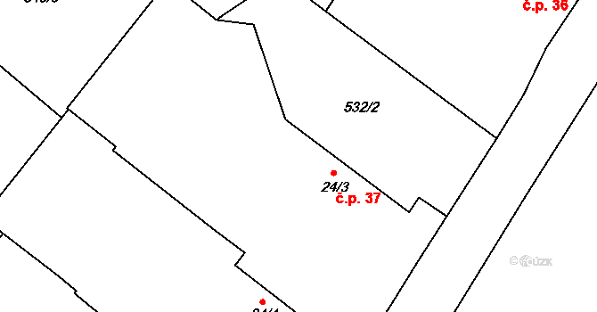 Lhota pod Horami 37, Temelín na parcele st. 24/3 v KÚ Lhota pod Horami, Katastrální mapa