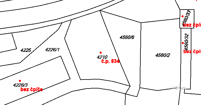 Teplice 834 na parcele st. 4210 v KÚ Teplice, Katastrální mapa