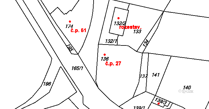 Vinoř 27, Praha na parcele st. 136 v KÚ Vinoř, Katastrální mapa