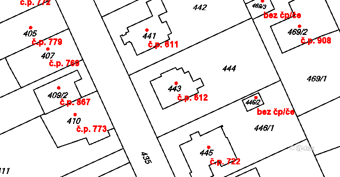 Chodov 612, Praha na parcele st. 443 v KÚ Chodov, Katastrální mapa