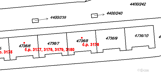 Modřany 3178, Praha na parcele st. 4736/8 v KÚ Modřany, Katastrální mapa