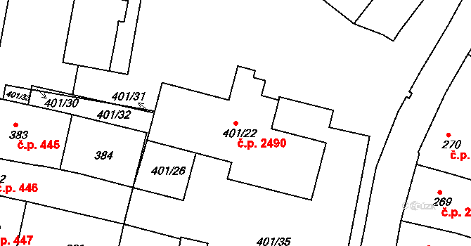Česká Lípa 2490 na parcele st. 401/22 v KÚ Česká Lípa, Katastrální mapa