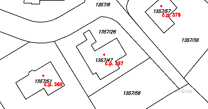 Hvozdná 357 na parcele st. 1357/47 v KÚ Hvozdná, Katastrální mapa