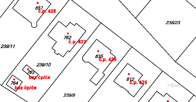 Lázně Toušeň 426 na parcele st. 635 v KÚ Lázně Toušeň, Katastrální mapa