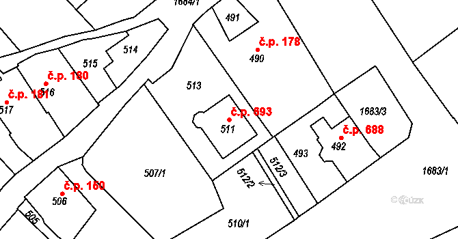 Opočno 693 na parcele st. 511 v KÚ Opočno pod Orlickými horami, Katastrální mapa