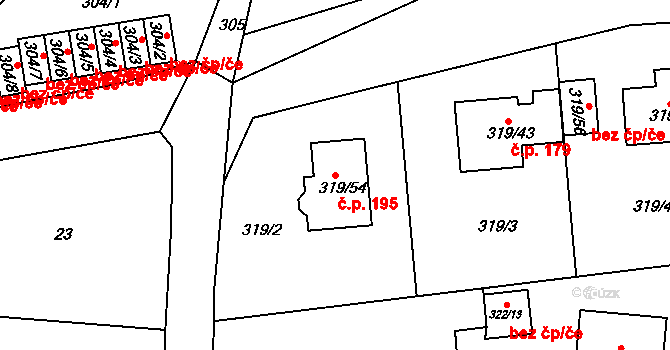 Malesice 195, Plzeň na parcele st. 319/54 v KÚ Malesice, Katastrální mapa
