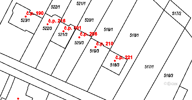 Horákov 210, Mokrá-Horákov na parcele st. 519/3 v KÚ Horákov, Katastrální mapa