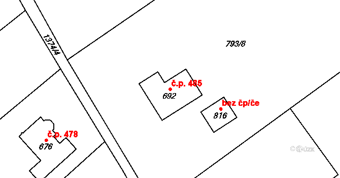 Nebory 485, Třinec na parcele st. 692 v KÚ Nebory, Katastrální mapa