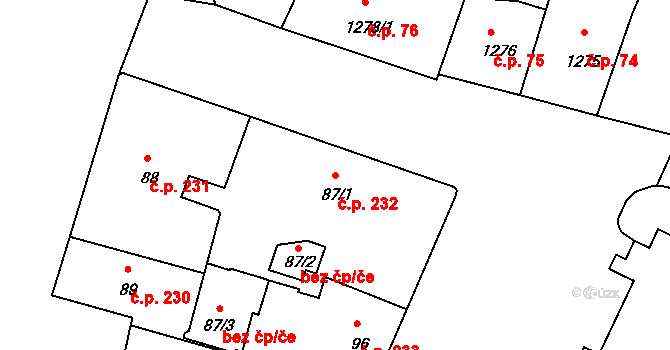 Benešov 232 na parcele st. 87/1 v KÚ Benešov u Prahy, Katastrální mapa