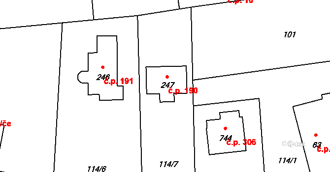 Chocerady 190 na parcele st. 247 v KÚ Chocerady, Katastrální mapa