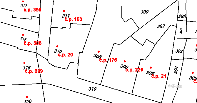 Bošovice 176 na parcele st. 308 v KÚ Bošovice, Katastrální mapa