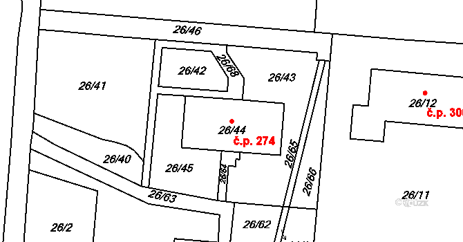 Chuchelná 274 na parcele st. 26/44 v KÚ Chuchelná, Katastrální mapa