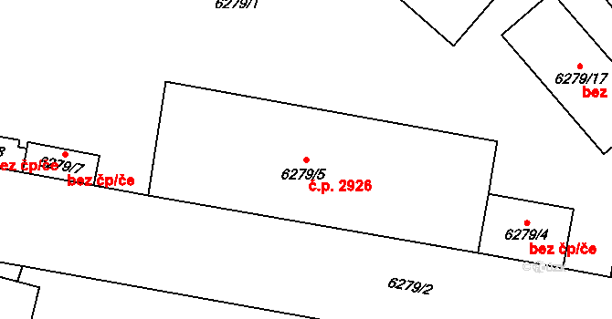 Jižní Předměstí 2926, Plzeň na parcele st. 6279/5 v KÚ Plzeň, Katastrální mapa