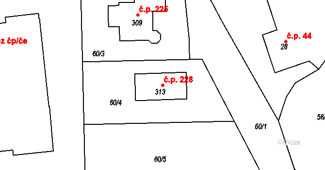 Kyšice 228 na parcele st. 313 v KÚ Kyšice, Katastrální mapa
