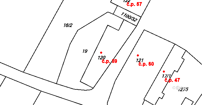 Jestřabí Lhota 59 na parcele st. 120 v KÚ Jestřabí Lhota, Katastrální mapa