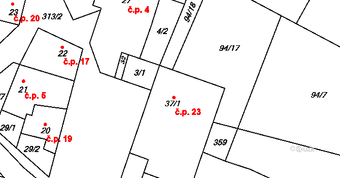 Noutonice 23, Lichoceves na parcele st. 37/1 v KÚ Noutonice, Katastrální mapa