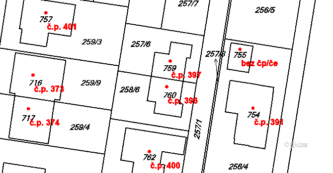 Krasice 396, Prostějov na parcele st. 760 v KÚ Krasice, Katastrální mapa