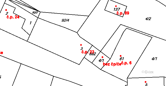 Nezbavětice 22 na parcele st. 3 v KÚ Nezbavětice, Katastrální mapa