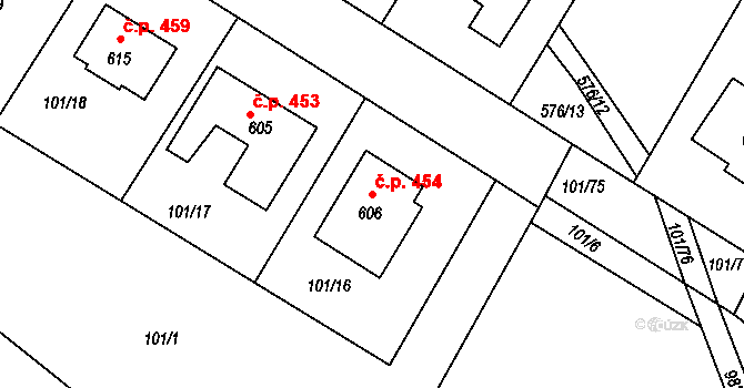 Žleby 454 na parcele st. 606 v KÚ Žleby, Katastrální mapa