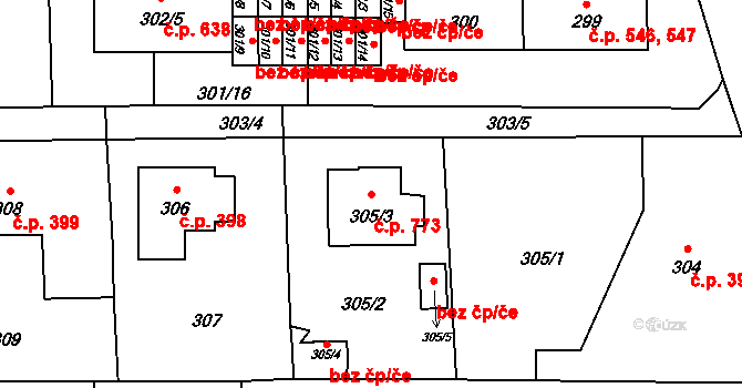 Doksy 773 na parcele st. 305/3 v KÚ Doksy u Máchova jezera, Katastrální mapa