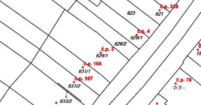 Milokošť 3, Veselí nad Moravou na parcele st. 629/1 v KÚ Milokošť, Katastrální mapa