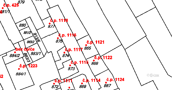 Rousínov 1121 na parcele st. 865 v KÚ Rousínov u Vyškova, Katastrální mapa