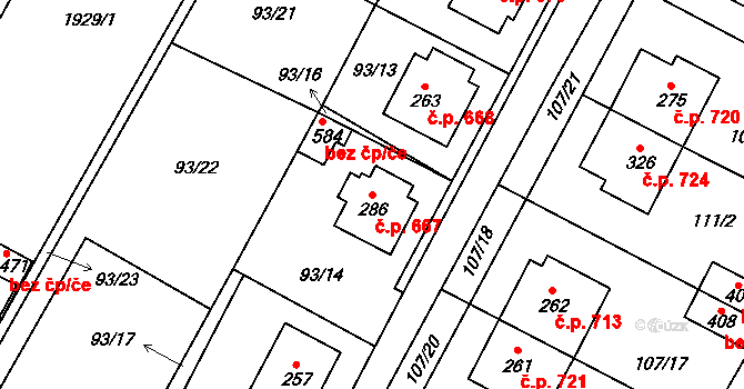 Chvalčov 667 na parcele st. 286 v KÚ Chvalčova Lhota, Katastrální mapa