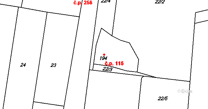 Slatinice 115 na parcele st. 194 v KÚ Slatinice na Hané, Katastrální mapa