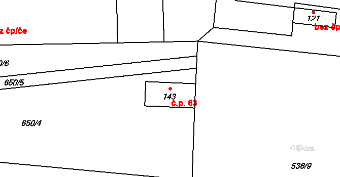 Podbradec 63, Mšené-lázně na parcele st. 143 v KÚ Podbradec, Katastrální mapa