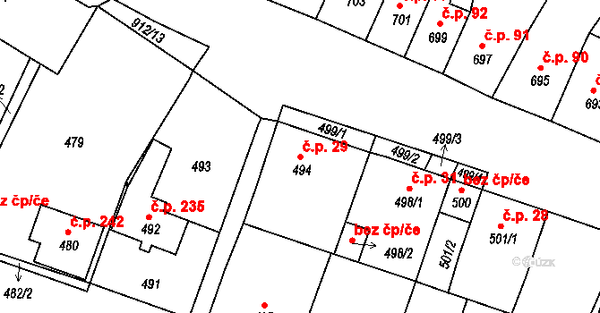 Bystřany 29 na parcele st. 494 v KÚ Bystřany, Katastrální mapa