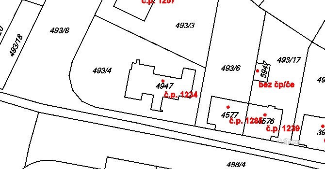 Horka-Domky 1234, Třebíč na parcele st. 4947 v KÚ Třebíč, Katastrální mapa