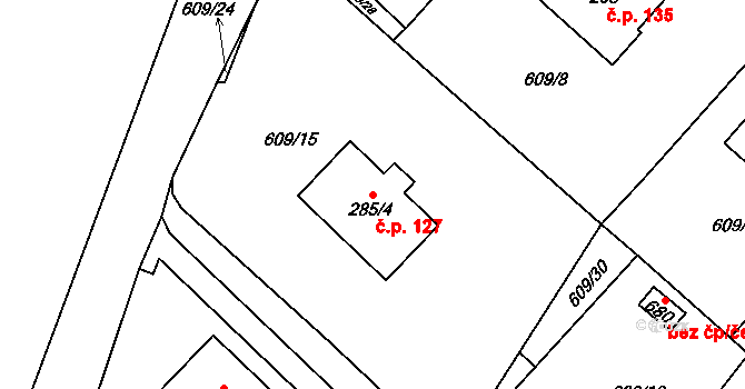 Čachovice 127 na parcele st. 285/4 v KÚ Čachovice, Katastrální mapa