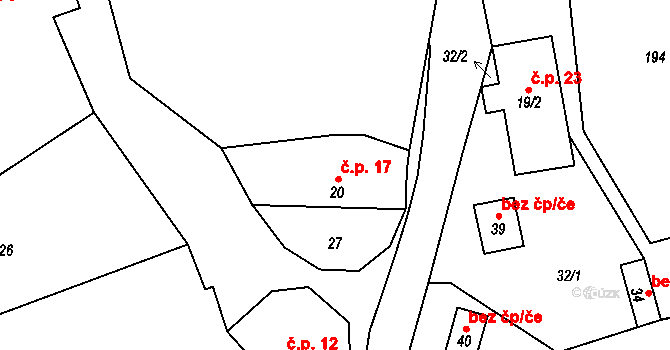 Tobolka 17, Měňany na parcele st. 20 v KÚ Tobolka, Katastrální mapa