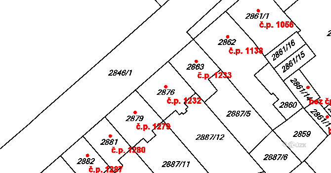 Chomutov 1232 na parcele st. 2876 v KÚ Chomutov I, Katastrální mapa