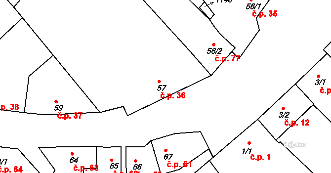Javůrek 36 na parcele st. 57 v KÚ Javůrek, Katastrální mapa