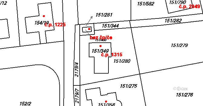 Stodůlky 1315, Praha na parcele st. 151/349 v KÚ Stodůlky, Katastrální mapa