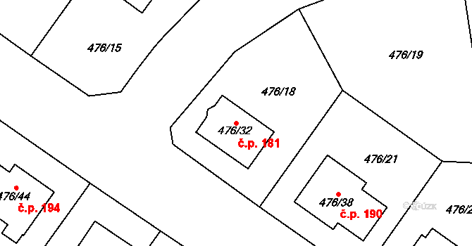 Želatovice 181 na parcele st. 476/32 v KÚ Želatovice, Katastrální mapa