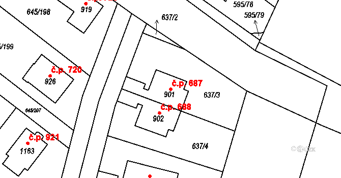 Líbeznice 687 na parcele st. 901 v KÚ Líbeznice, Katastrální mapa
