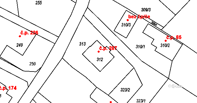 Hvozdná 287 na parcele st. 312 v KÚ Hvozdná, Katastrální mapa