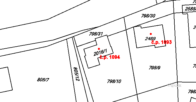 Vizovice 1094 na parcele st. 2016/1 v KÚ Vizovice, Katastrální mapa