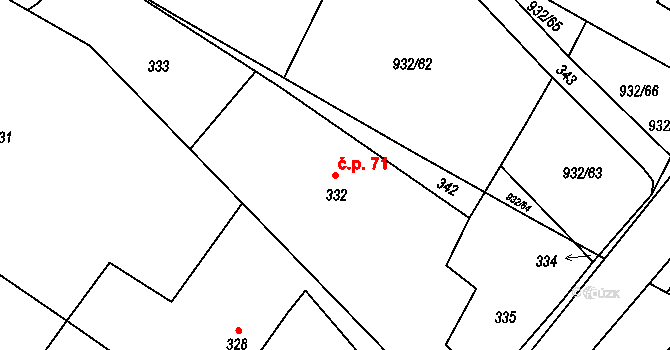 Dolní Ves 71, Fryšták na parcele st. 332 v KÚ Dolní Ves, Katastrální mapa