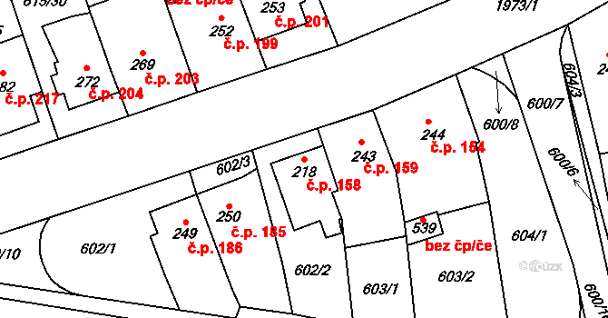 Louky 158, Zlín na parcele st. 218 v KÚ Louky nad Dřevnicí, Katastrální mapa