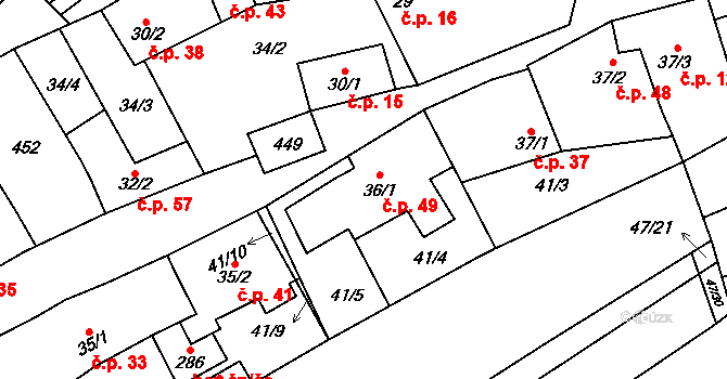 Sušice 49 na parcele st. 36/1 v KÚ Sušice u Uherského Hradiště, Katastrální mapa