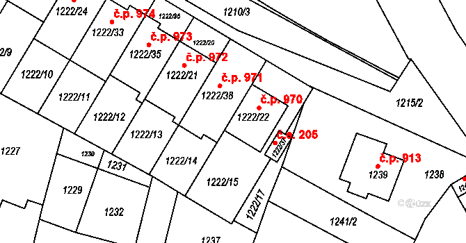 Bučovice 970 na parcele st. 1222/22 v KÚ Bučovice, Katastrální mapa