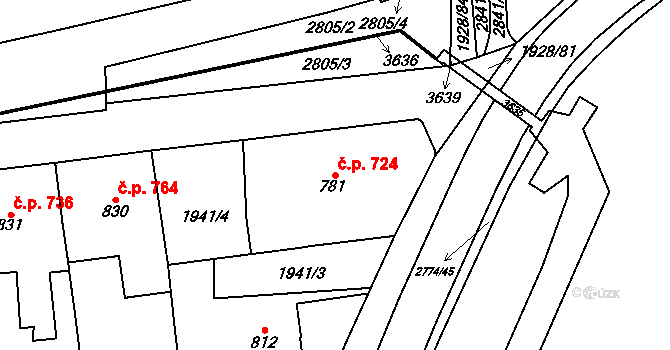 Choceň 724 na parcele st. 781 v KÚ Choceň, Katastrální mapa