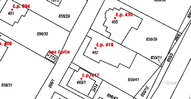 Hanušovice 418 na parcele st. 462 v KÚ Hanušovice, Katastrální mapa